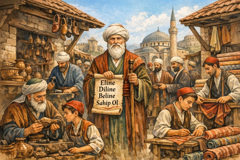 "Osmanlı döneminde Ahi Evran ve esnaf lonca sistemini gösteren tarihi çizim"