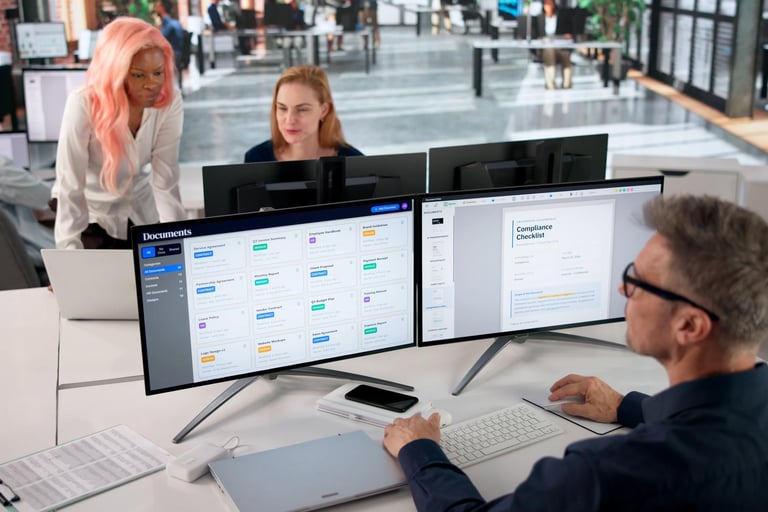 professional team managing compliance documents contracts and project operations in a modern office 