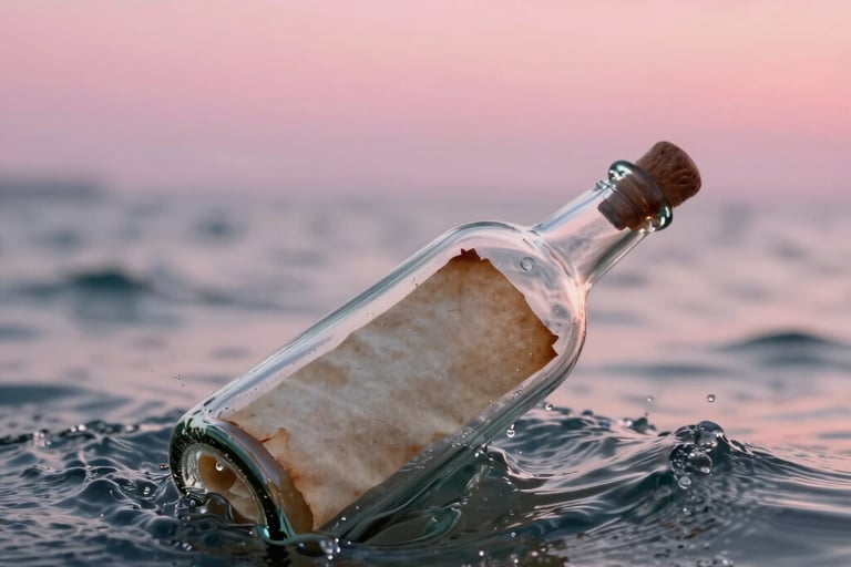 A message in a glass bottle floating on ocean waves during a sunset with text on aged paper.
