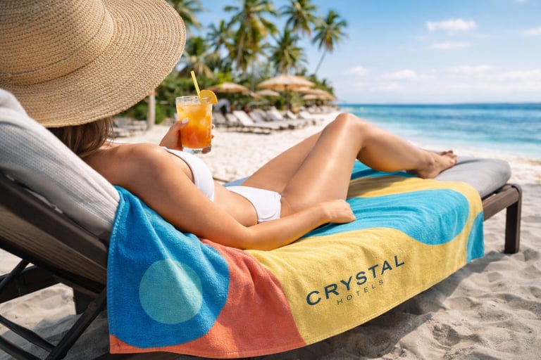 Crystal Hotels markalı havluların otel şezlongunda kullanımını gösteren marka uygulama görseli