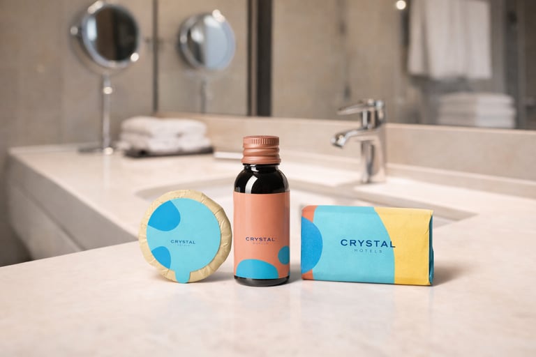 Crystal Hotels için tasarlanan banyo kozmetik ürünleri ve ambalaj tasarımı