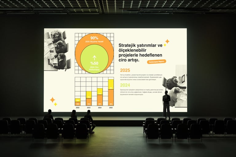 Yatırım, büyüme ve ciro artışını anlatan profesyonel sunum tasarımı ve sahne uygulaması