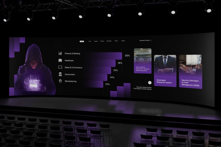 Teknoloji ve dijital dönüşüm temalı etkinlikler için tasarlanan sahne ve sunum görselleri