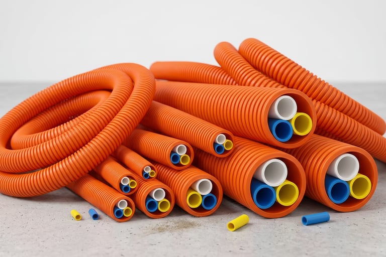 Bundled orange corrugated conduits containing colorful electrical microducts for fiber optic cable protection.