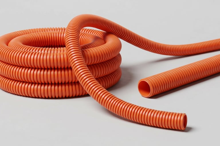 Coiled orange flexible corrugated conduit pipe for electrical wire protection and cable management.
