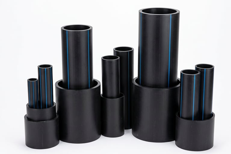 Various sizes of black HDPE water pipes with blue stripes for industrial plumbing systems.