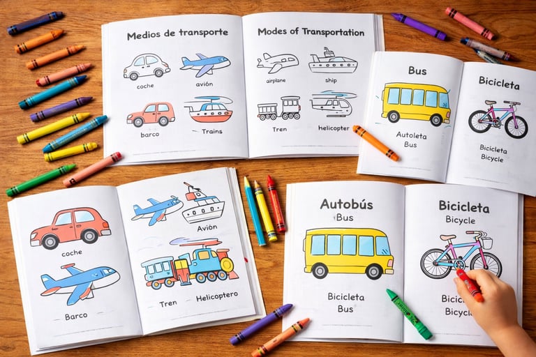 Libros para colorear bilingües para niños sobre medios de trasporte 