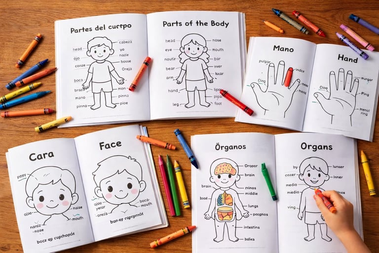 Libros para colorear bilingües sobre las partes del cuerpo para niños