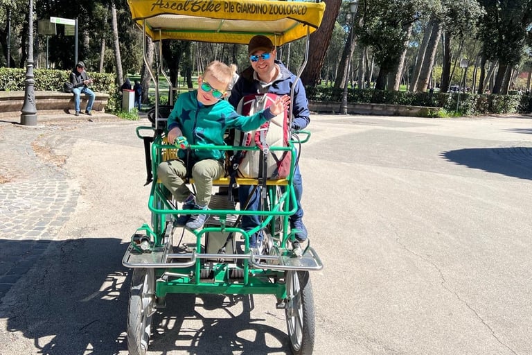 Family getting a tandem bike in Rome Italy