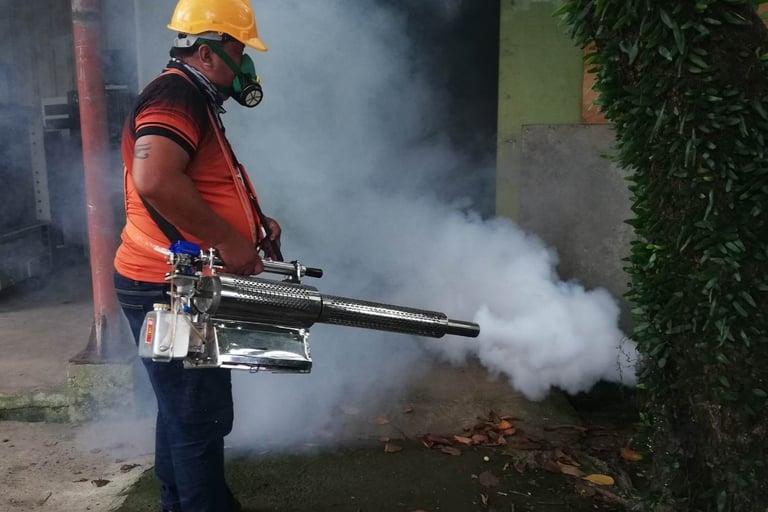  pest control worker using a thermal fogging machine to spray insecticide smoke for mosquito control.