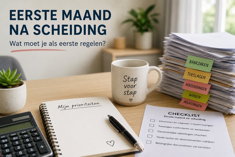 Financiële checklist en notitieblok voor het regelen van zaken in de eerste maand na een scheiding.