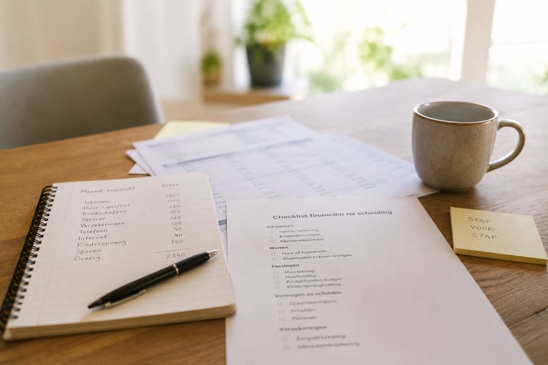 Dutch financial checklist for divorce with budget notebook and coffee on a wooden desk.