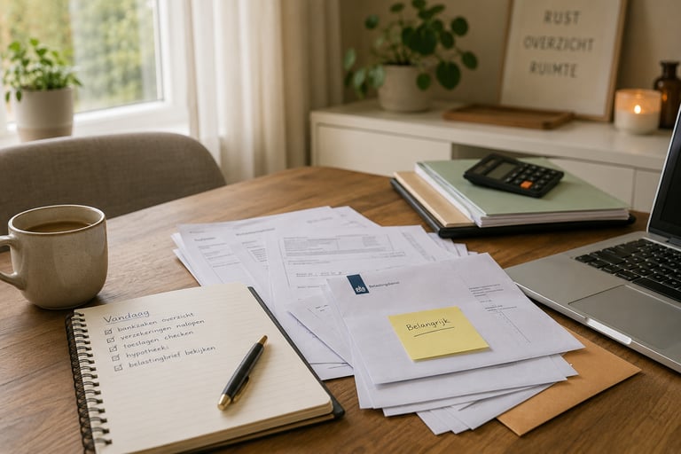 Home office desk with Dutch tax documents, a checklist notebook, and a laptop for financial planning.