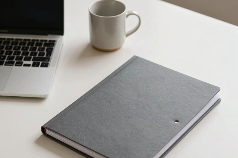 A high-angle, minimalist photograph of a clean, organized North American home office desk featuring a laptop, a simple ceramic mug, and a neatly stacked folder with a slate grey cover. The lighting is soft and natural, emphasizing a calm and serious work environment in shades of off-white and charcoal.