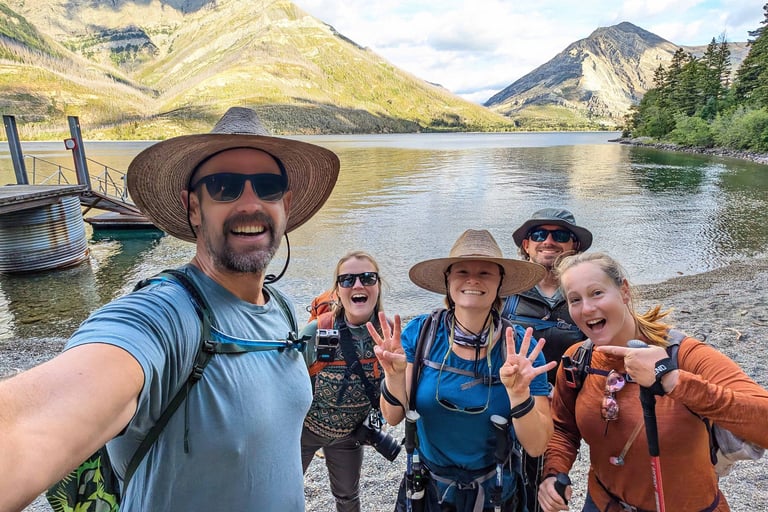 Hiking group at the Crypt Lake boat dock in Waterton Lakes National Park before starting the trail.