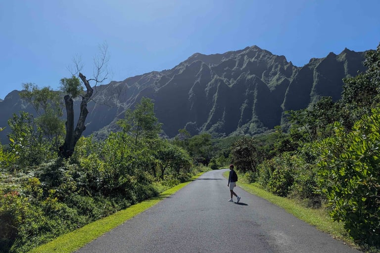 Kushal Purie walks on an open road in O'ahu island
