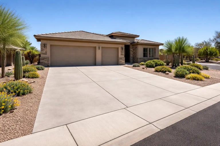 wide concrete residential driveway leading to a three-car garage at a single-story stucco home in Buckeye, Arizona