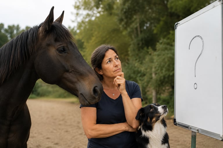 A pensive woman standing with a brown horse and an Australian Shepherd dog looking at a question mark on a whiteboard.