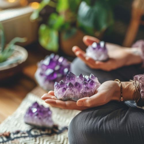 Persona meditando mientras sostiene una amatista morada en bruto