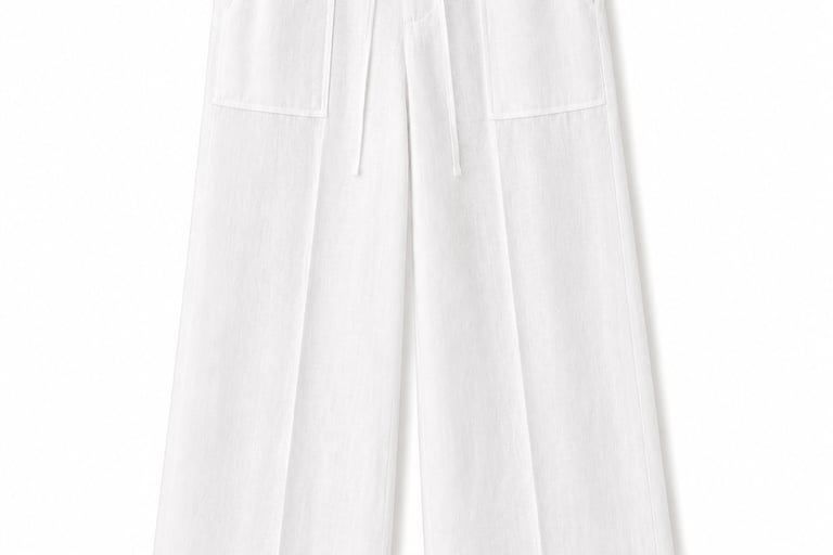White wide-leg linen trousers for women featuring a comfortable drawstring elastic waist and front pockets.