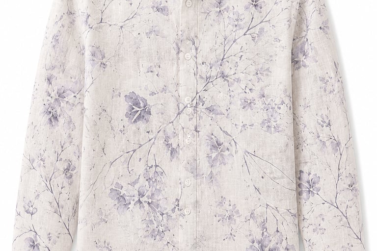 Men's white long-sleeve linen shirt with a purple floral branch print and button-down collar.