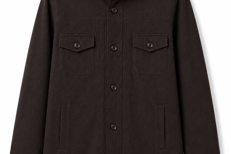 A dark brown men's cotton chore jacket with chest pockets and a button-down front.