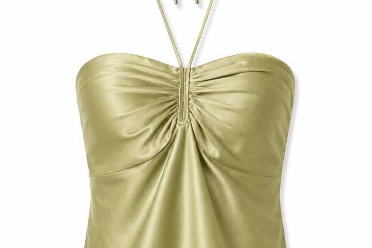 Elegant sage green silk halter top with a ruched bust and tie-neck closure.