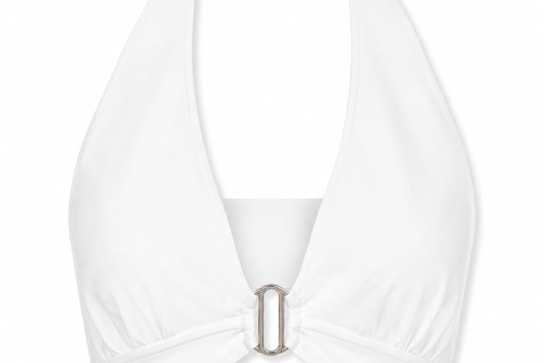 White halter neck bikini top with a silver ring detail and plunging neckline.