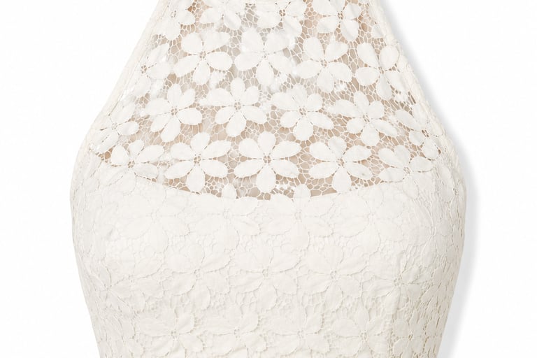 White floral lace halter neck crop top for women featuring a high neckline and scalloped hem.