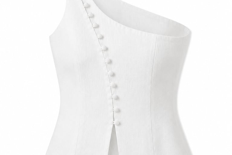 Elegant white one-shoulder linen top featuring a row of fabric-covered buttons and a modern asymmetric cut.