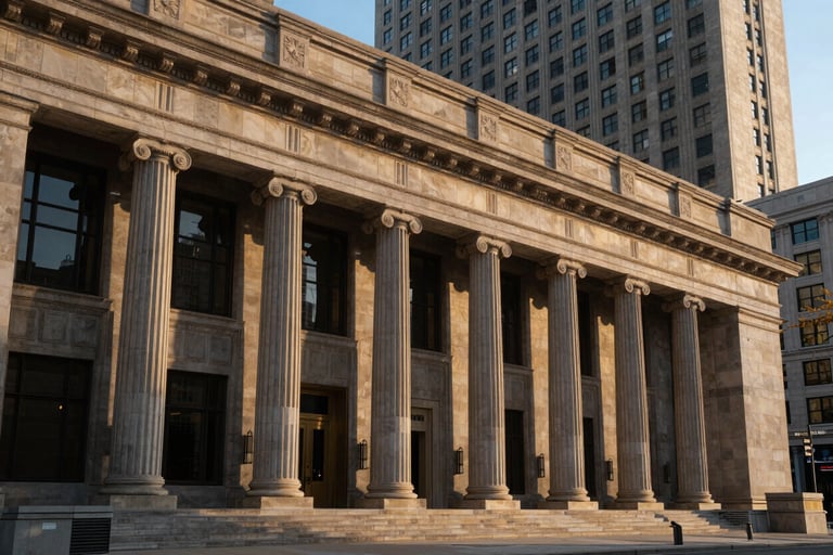 A distinguished architectural shot of a classical foundation building in a North American / US metropolitan area, featuring stone columns and large windows, captured during a golden hour with warm, authoritative lighting and deep blue accents.