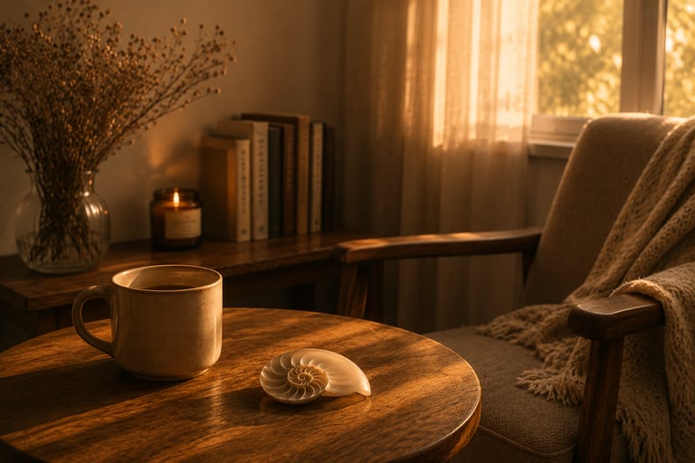 Calming interior with warm light and reflective atmosphere