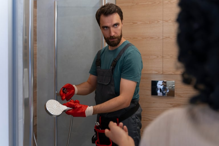 Gloved hand holding shower head, experienced shower technicians