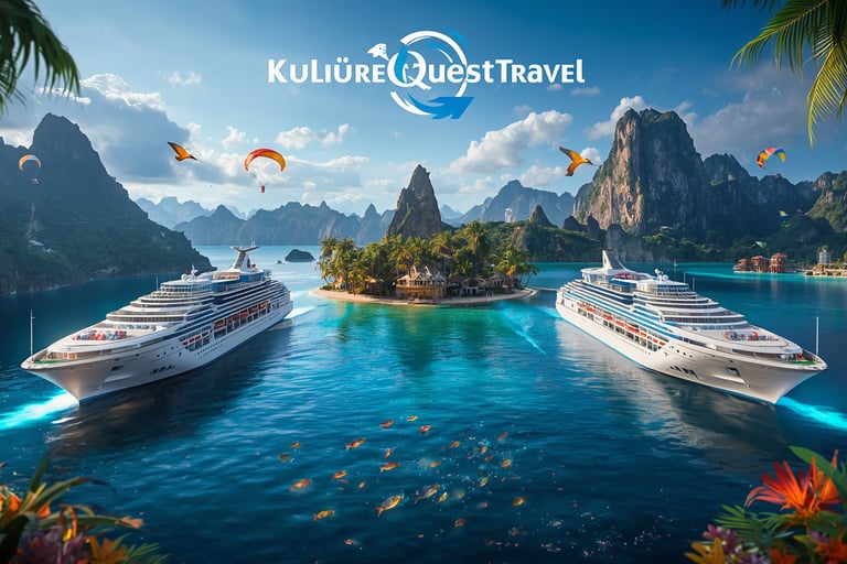 Two luxury cruise ships sailing through tropical islands for a Culture Quest Travel vacation.