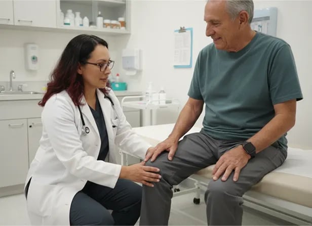 doctor looking at patient's knee for stem cell therapy