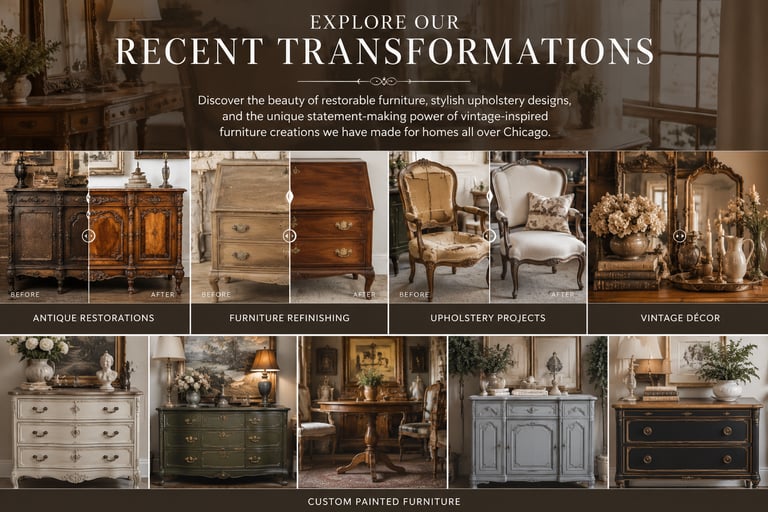 Before and after examples of antique restorations, furniture refinishing, and custom upholstery in Chicago.