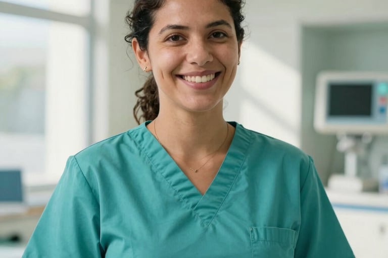 A candid, professional photograph of a South American woman in teal medical scrubs smiling kindly, sunlight filtering through a clean window of a Brazilian hospital, soft focus on the background.