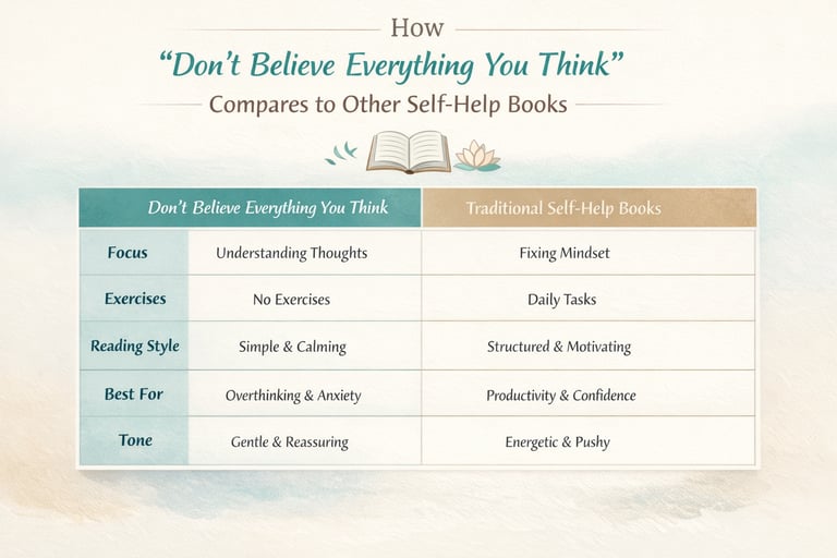 Comparison table showing Don’t Believe Everything You Think vs traditional self-help books for overt