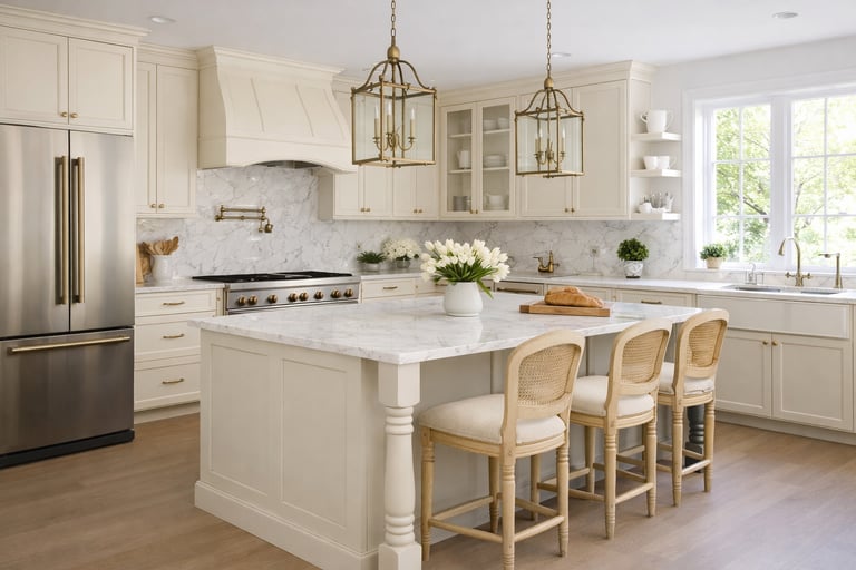 Elegant cream-colored kitchen with marble countertops, gold hardware, and lantern pendant lights.
