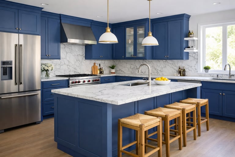 Modern kitchen with blue cabinets, marble countertops, and a large island with wood bar stools.