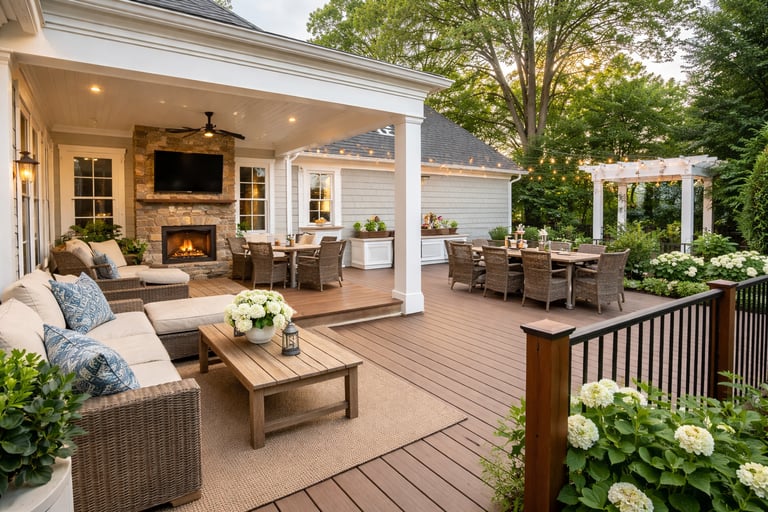 Luxury backyard deck with stone fireplace, outdoor living room furniture, and dining areas.