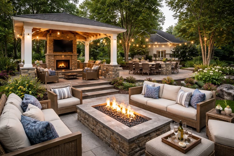 Luxury backyard patio featuring a stone fire pit, outdoor kitchen pavilion, and string lights.