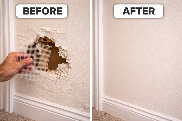 Before and after comparison of a professional drywall hole repair using a mesh patch.
