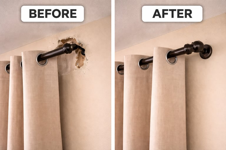 Before and after comparison of a repaired drywall hole behind a curtain rod bracket.