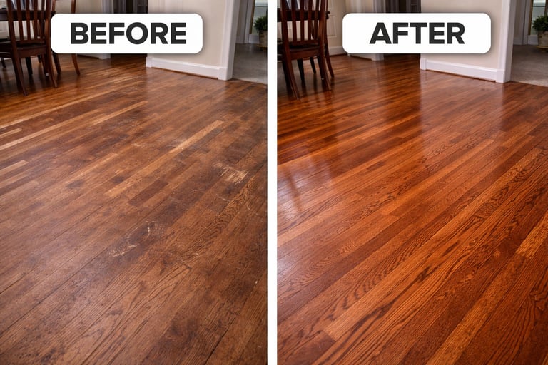 Before and after comparison of restored hardwood floors showing professional floor refinishing results.