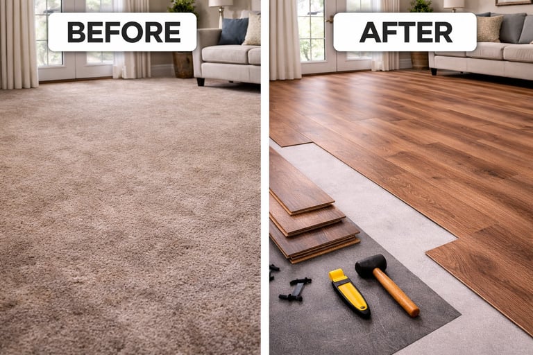 Living room flooring renovation showing a before and after comparison of old carpet to new luxury laminate wood planks.