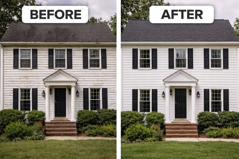 Before and after comparison of a two-story home with newly painted white siding and black shutters.