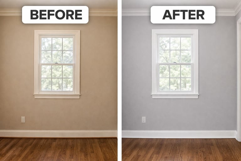 Before and after home renovation showing a tan room repainted with modern light grey wall paint.