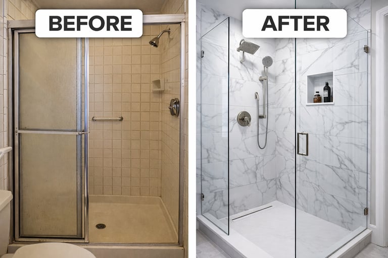 Before and after bathroom remodel showing a dated shower transformed into a modern walk-in with marble tile.