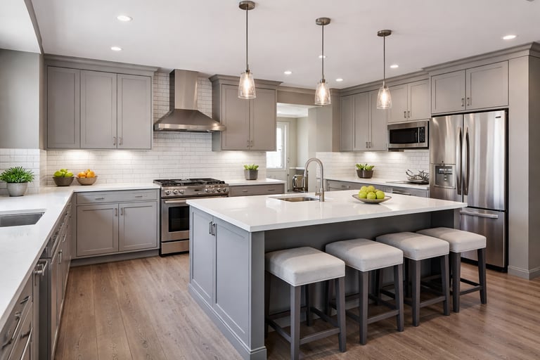 Modern kitchen with gray shaker cabinets, white countertops, stainless steel appliances, and a large island with bar stools.